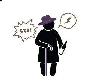 A simple drawing of a grandma, wearing a purple fedora, holding a bottle of wine in one hand and a cane in another. Curse balloons surround her.